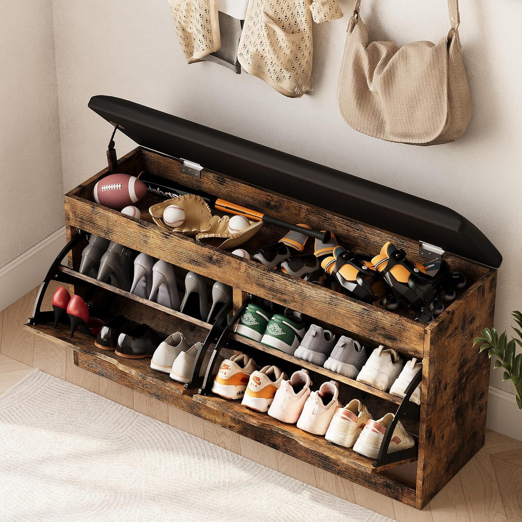 40" Shoe Storage Bench with 2 Flip Drawers & Padded Seat Cushion, Shoe Cabinet with Lift Top Storage Box, Shoe Bench