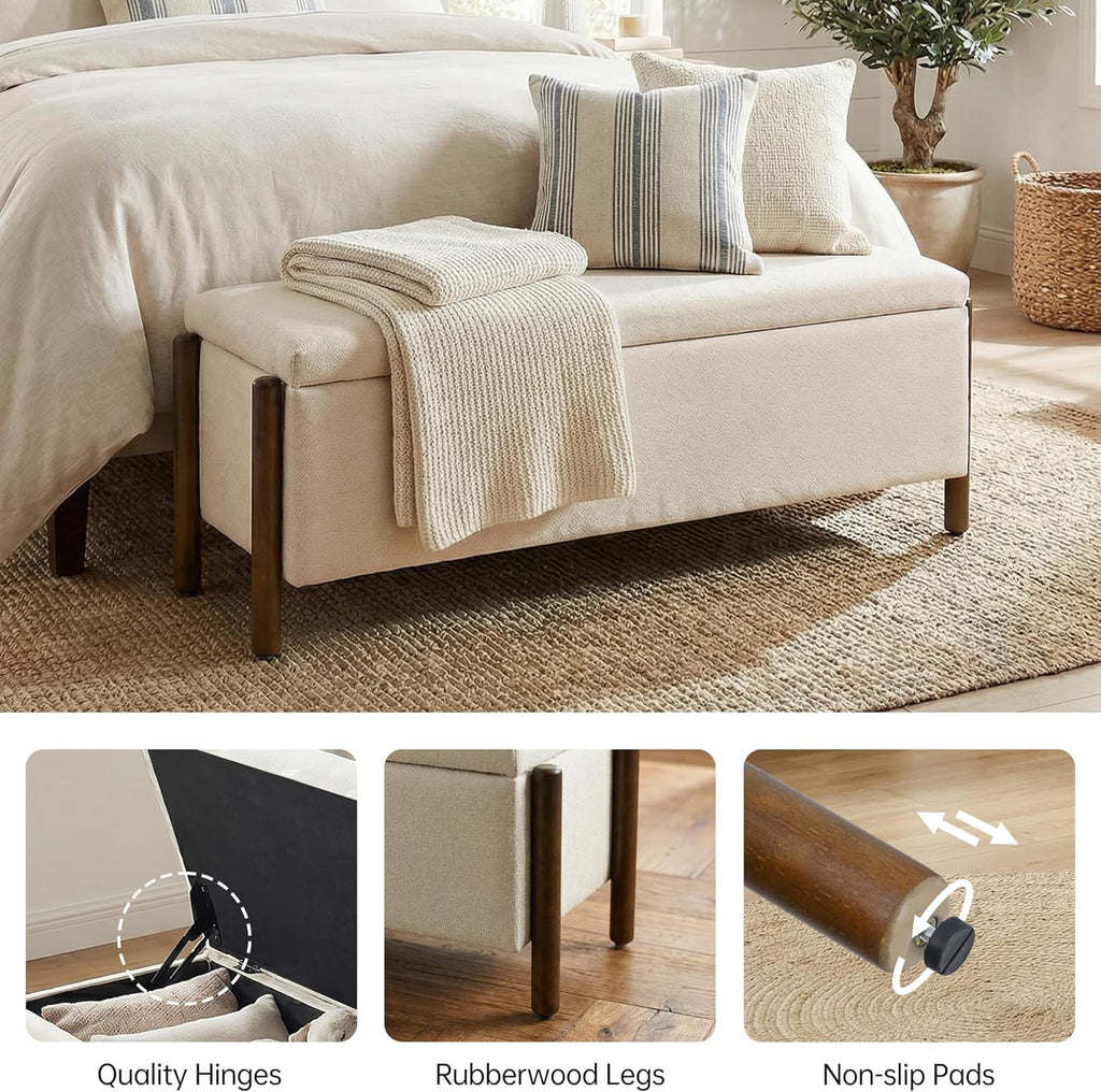 47" Fabric Upholstered End of Bed Storage Ottoman Bench, Beige | Entryway Bench with Storage and Rubberwood Legs