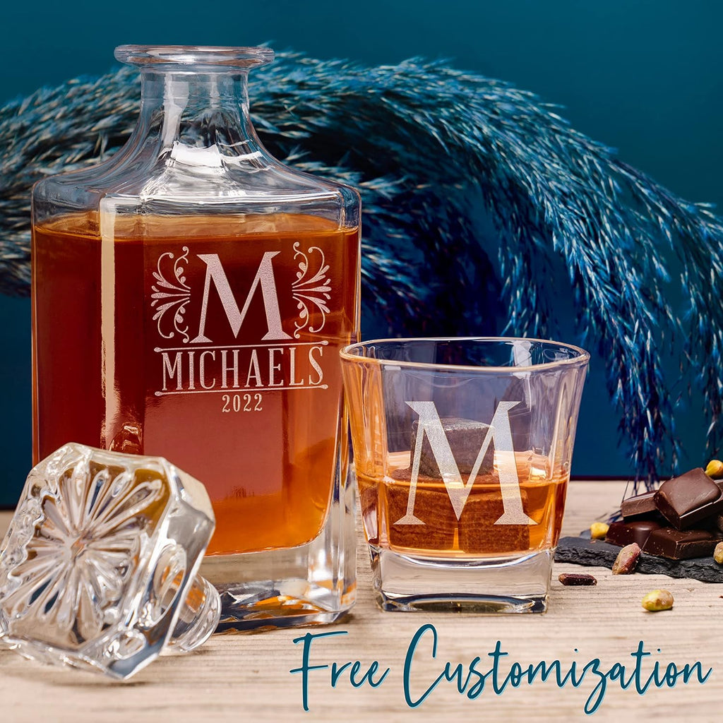 Personalized Whiskey Decanter Set - 5 Design Options - Custom Liquor 25 oz, 750ml Liquor Decanter w/Whiskey Glass Set