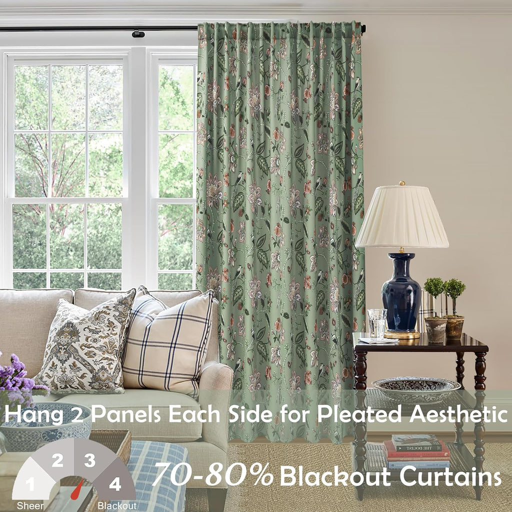 Green and White Curtains 2 Panel Set for Bay Window,70% Blackout Eclectic Art Nouveau Print Floral