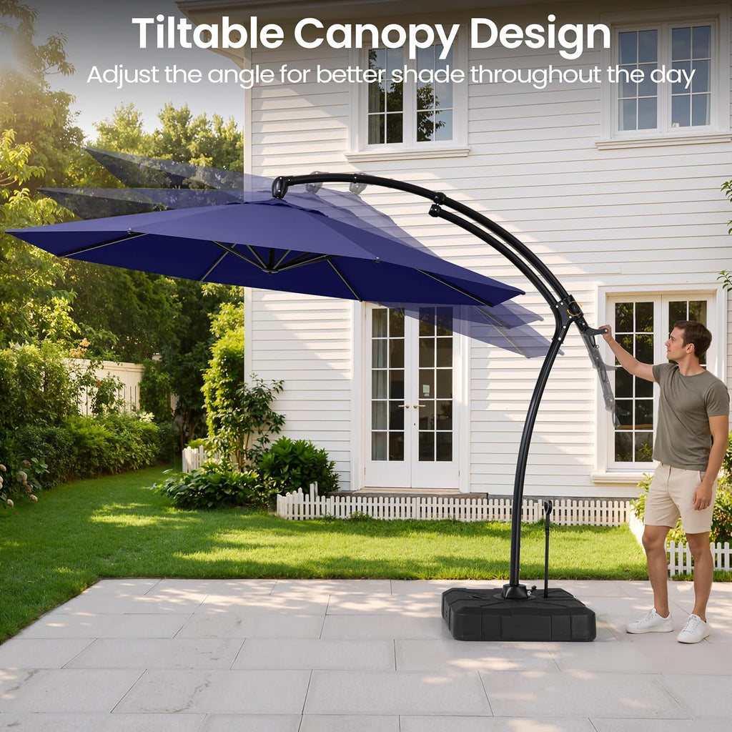 9-11FT Offset Cantilever Umbrella with 350LBS Wheeled Base Included | 360-degree adjustment, Aluminum & iron fra - RYHH