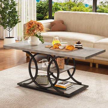 Rustic Coffee Table with Storage Industrial 3 Tier Center Living Room Table Farmhouse Wooden Rectangle Cocktail Tea