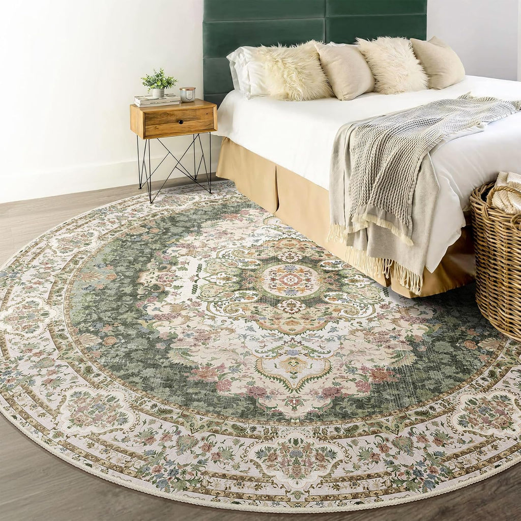 Green Round Rug 6ft,Large Circle Area Rugs for Bedroom Living Room Dining Room,Washable Boho Vintage