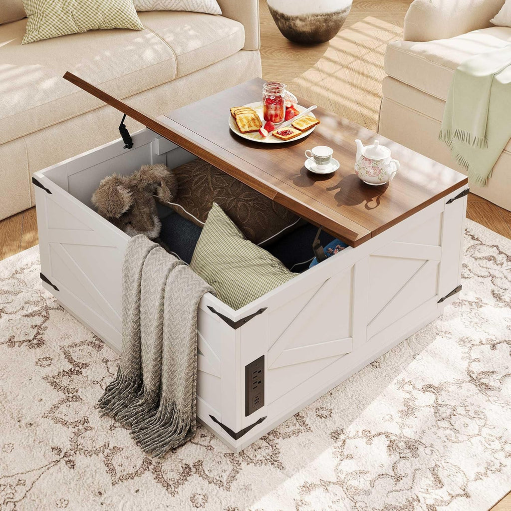 Farmhouse Lift Top Coffee Table, Square Wood Center Table with LED Lighting, USB-C Charging Station