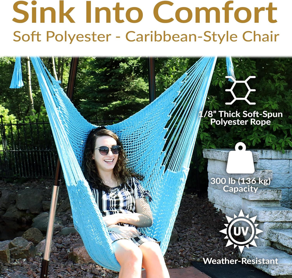 Hanging Hammock Chair Swing , Caribbean, Sky Blue | 300 lb Capacity, Wooden Spreader Bar, Woven Polyester, Hang From