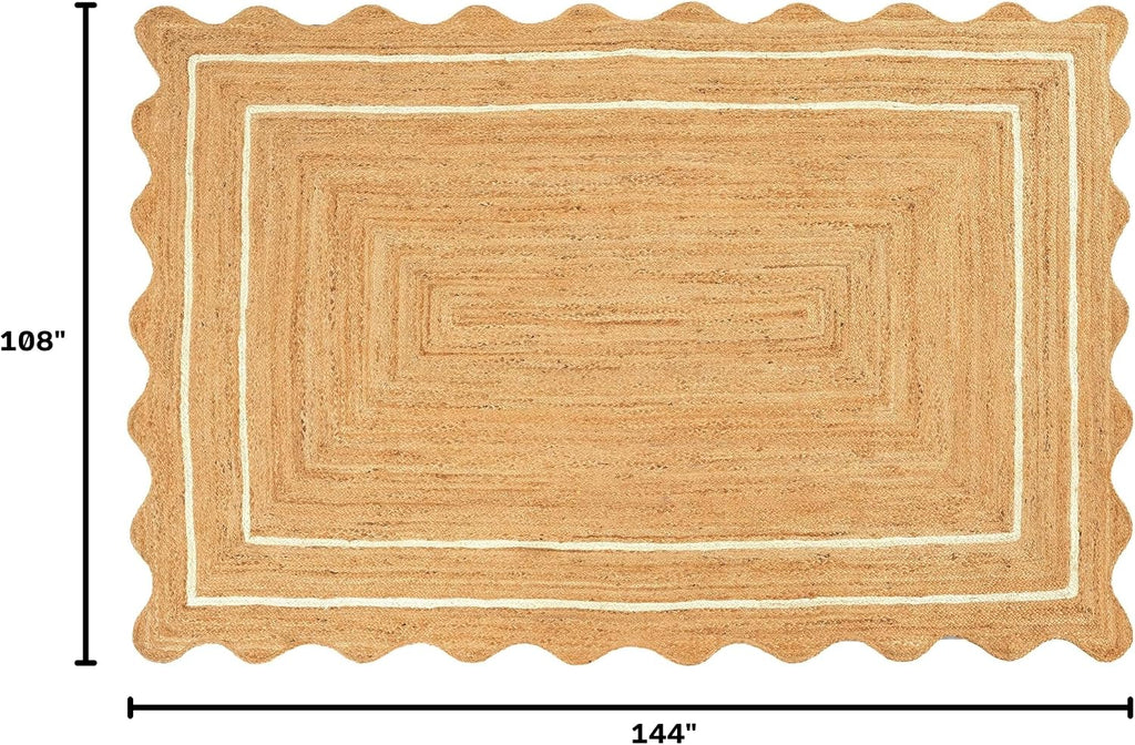 Jute Area Rug 9X12ft Natural Wave Scallop Ivory Border Handmade Rug
