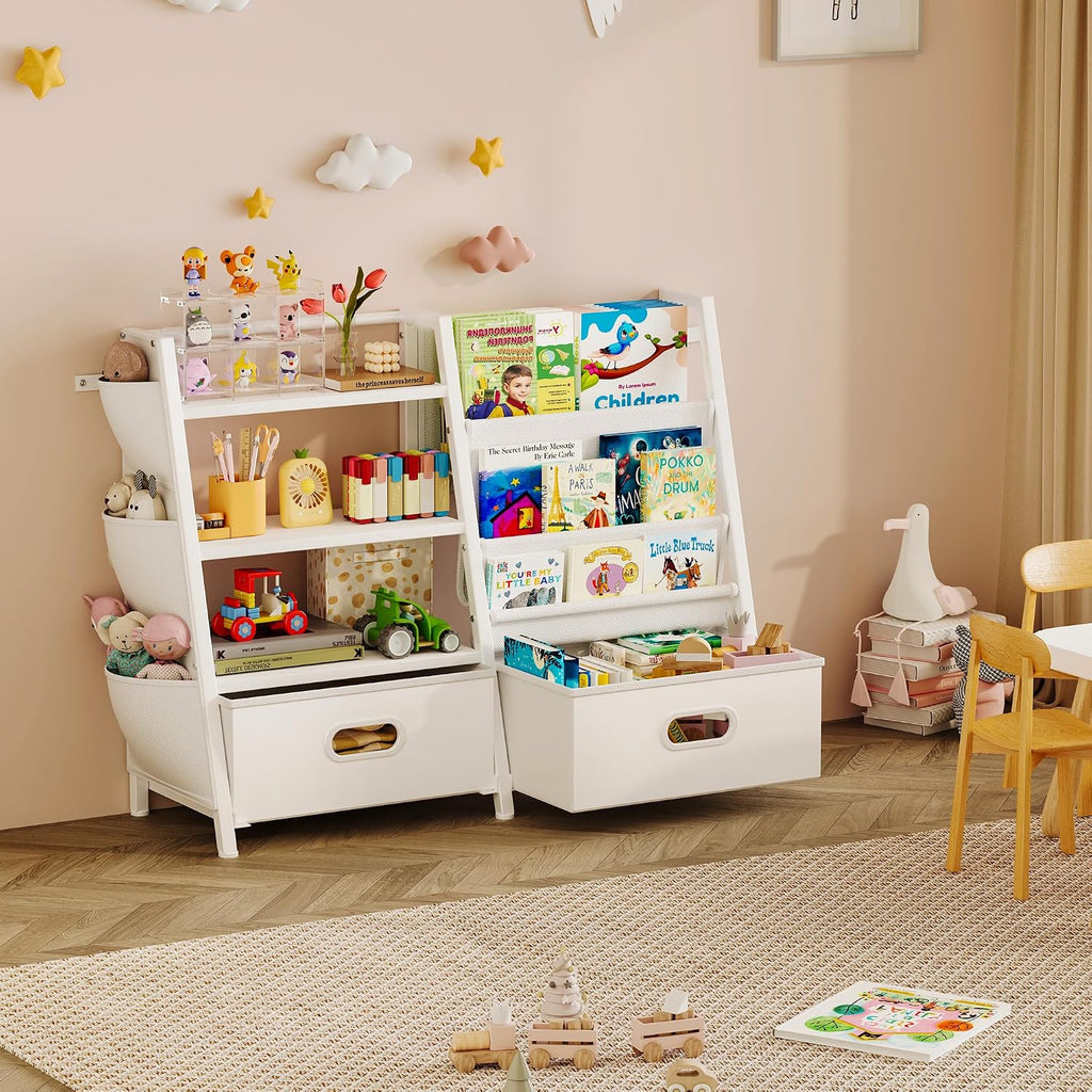 Kids Bookshelf and Toy Storage Organizer, 3 Tier Kids Bookcase, Sling Bookshelf and 2 Toy Bins with Toy Storage