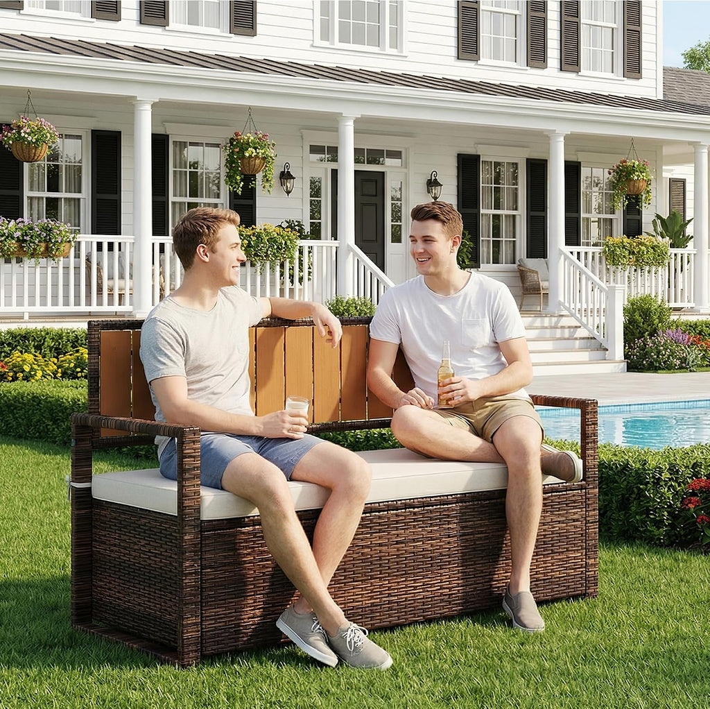 Outdoor Storage Bench with Cushion, 2-Seater PE Rattan Storage Box with Backrest & Armrests, 75 Gallon, 400 lbs