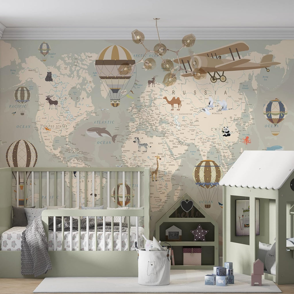 Kids World Map Wallpaper with Animals-Peel and Stick Educational Decals-Nursery Murals for Baby, Toddlers,Boys, Kids