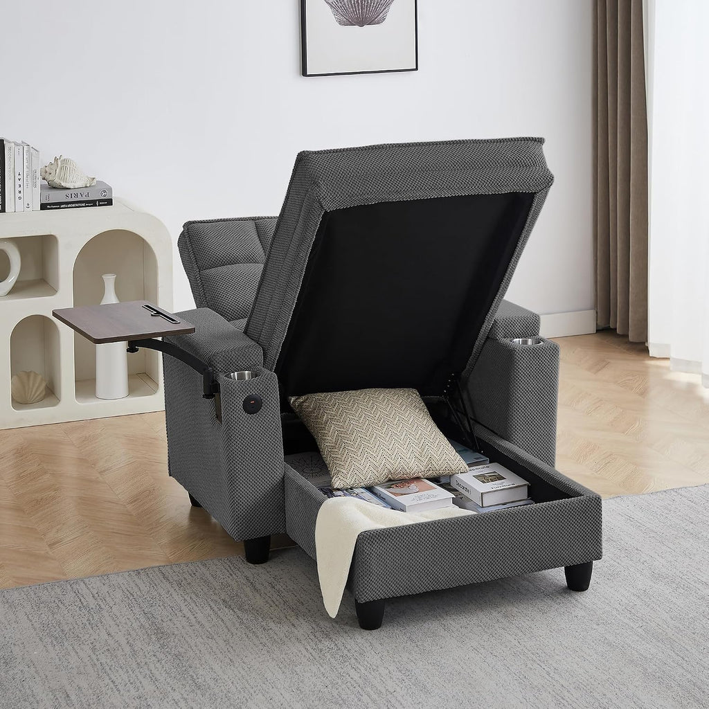 Convertible Chaise Lounge Sleeper Chair with Storage and 6-Position Reclining Backrest,Modern Tufted Recliner Lounge