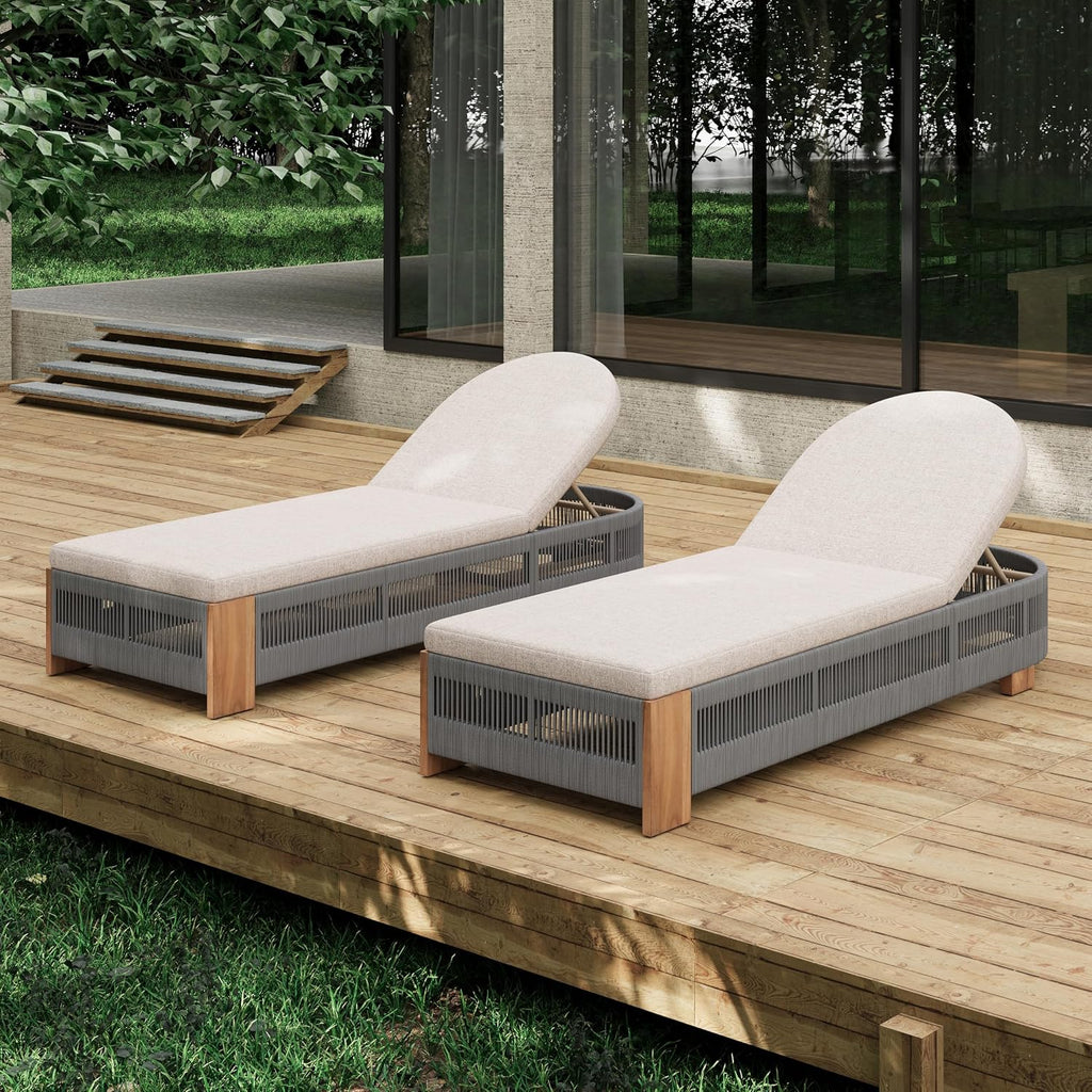 80" Rope Acacia Multi-Tilt Lazy Sleeper Chair, Patio Lounge Chaise with Water Resistant Cushion, Tanning Chaise Low