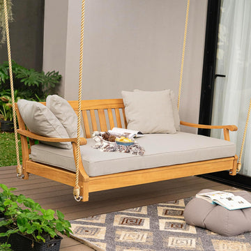 Robin Teak Wood 6 FT Porch Swing Bed, Upgraded Patio Porch Swing Daybed with Thick Cushion Support, 750 LB Weight