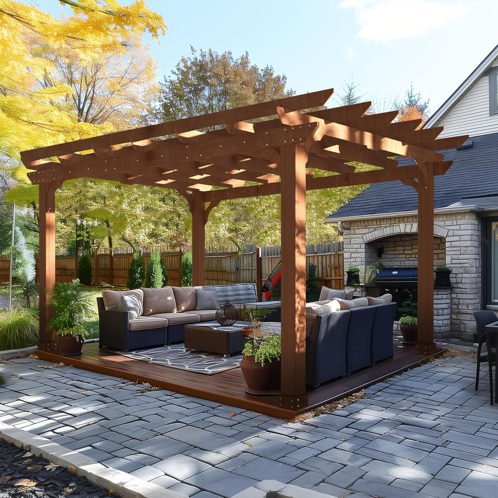 10' x 12' Patio Pergola, Cedar Wood Pergolas with Solid Structure, Pergola Kits, Outdoor Pergolas and Gazebos with Slatted Trellis Roof for Deck Backyard Grill Party Garden