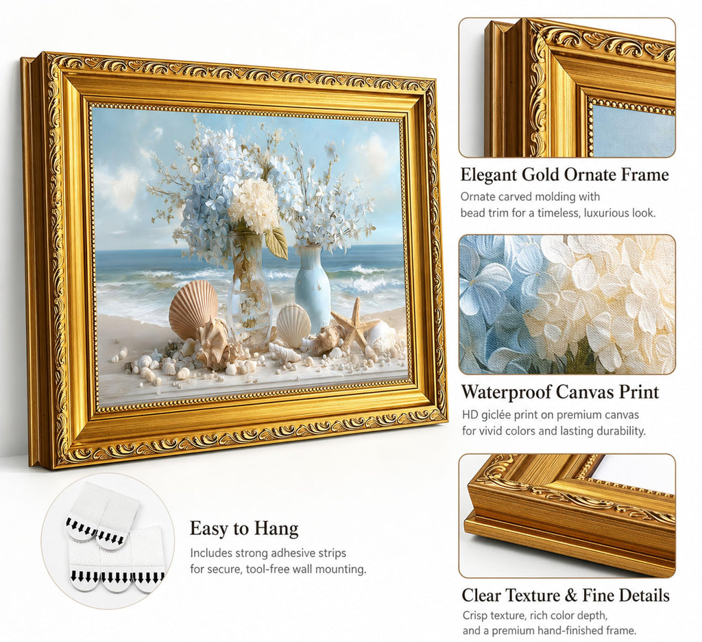 Coastal BathroVintage Ocean Hydrangea Artwork with Starfish Shells, Powder Room, Guest Bath, Beach House, Cottage