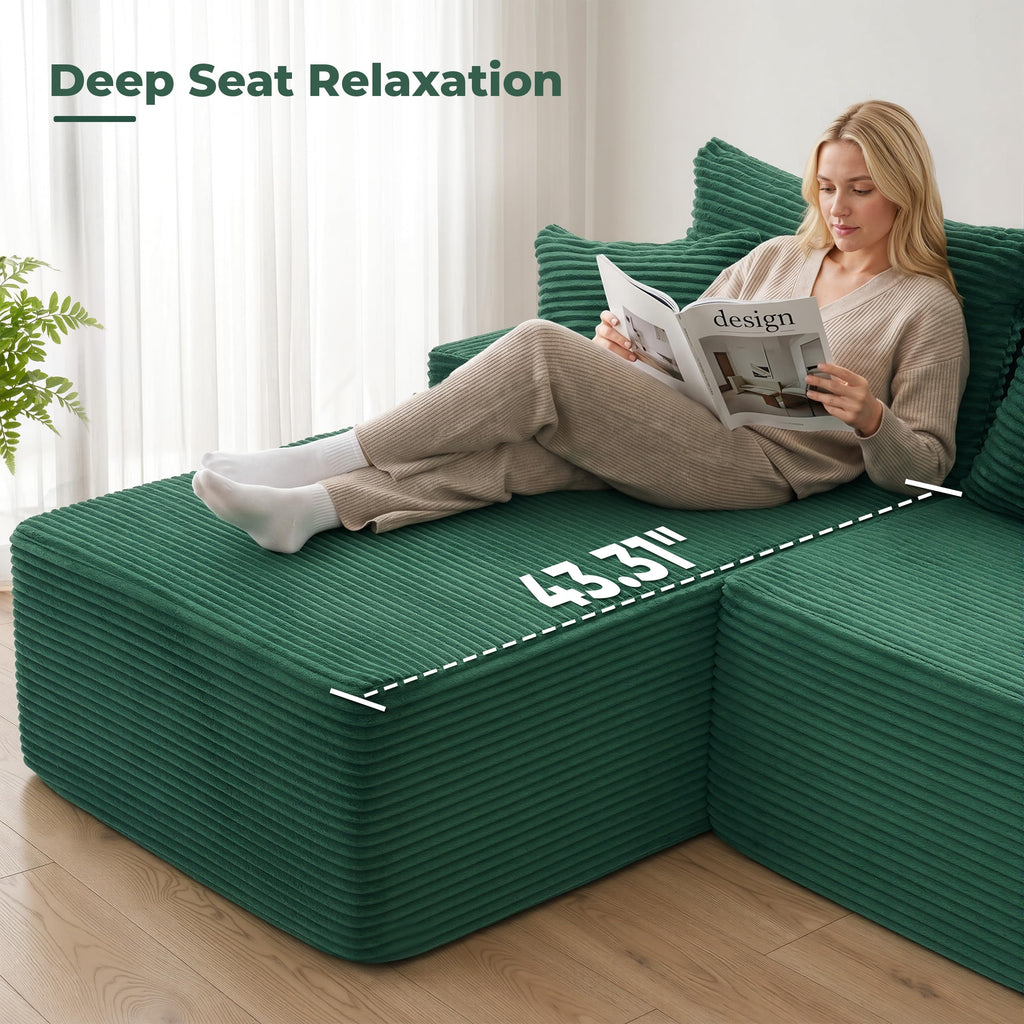 118'' Boneless Couch, U Shaped Couches, Green