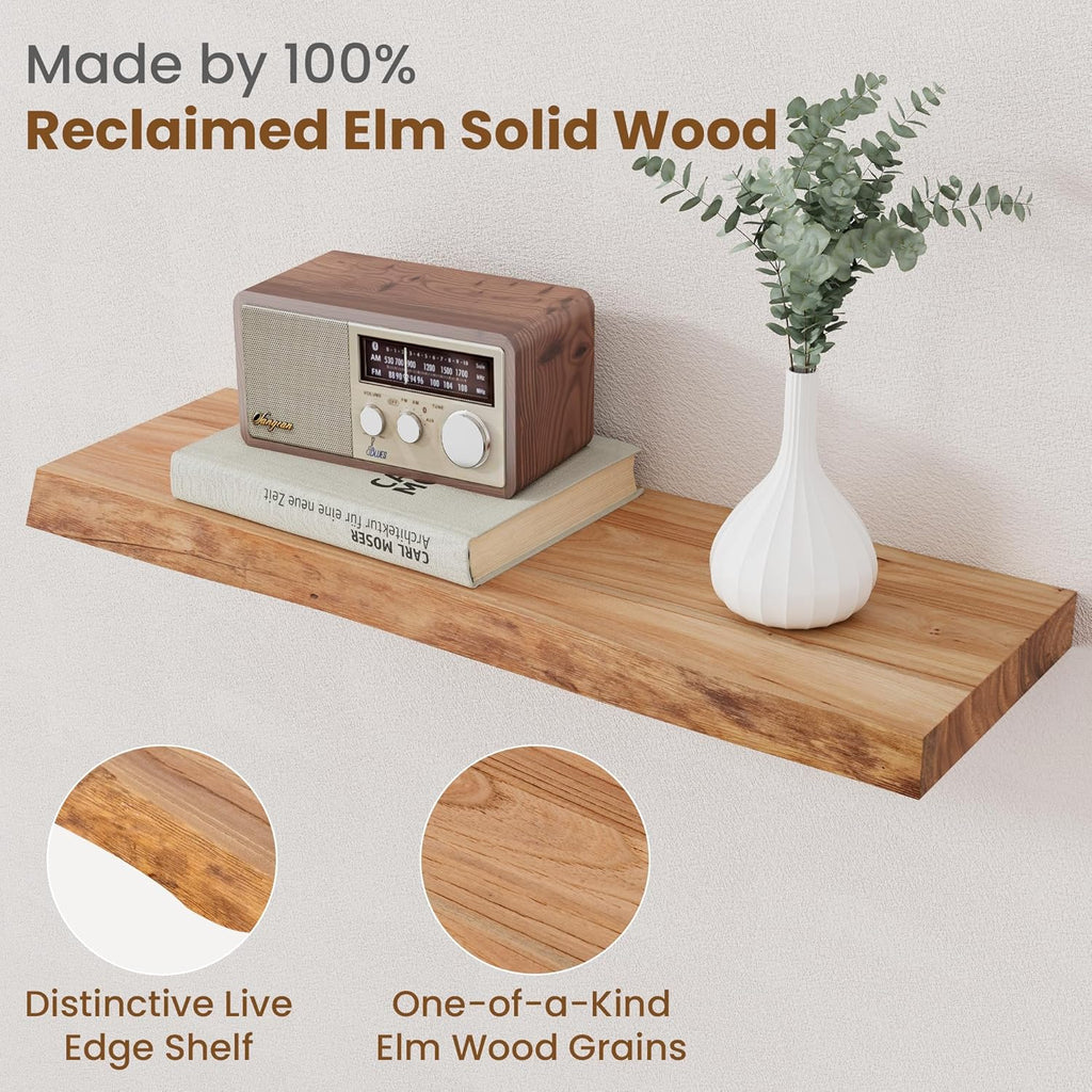 Floating Shelves for Wall Decor, Rustic Solid Elm Wood Live Edge Floating Shelves Wall Mounted, Wall Shelves with