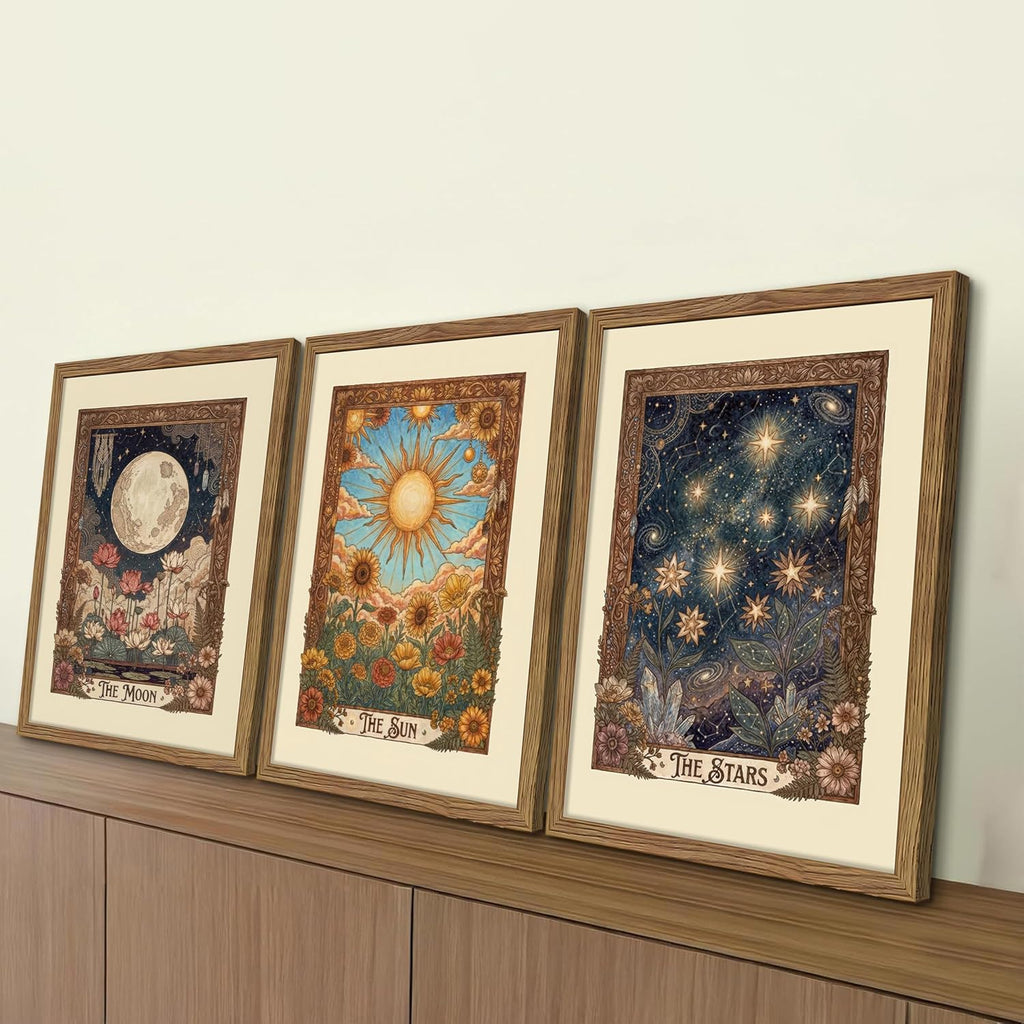 Tarot Card Wall Art Set of 3, Boho Floral Moon and Stars Canvas Wall Decor Painting, Vintage Sun And Moon Celestial
