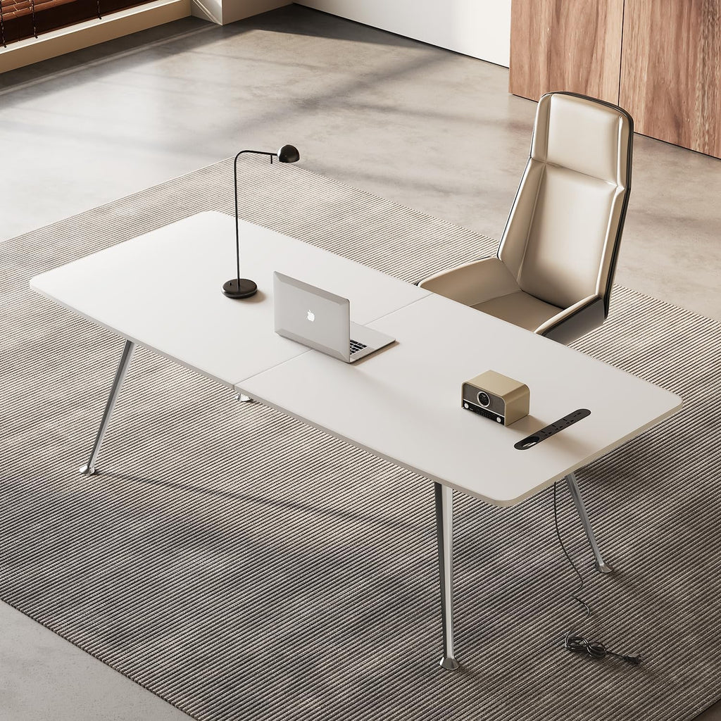 Writing Computer Desk, 60-Inch Large Executive Desk Office Workstation with Chrome-Plated Legs and Built-in Power