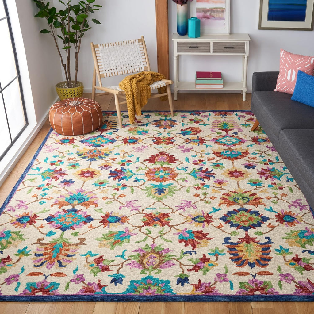 Aspen Area Rug - 9' x 12', Ivory & Blue, Handmade Boho Floral Wool