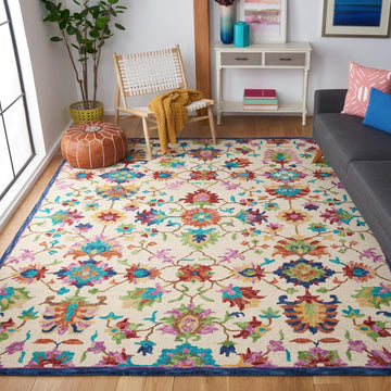 Aspen Collection Area Rug, Ivory & Blue, Handmade Boho Floral Wool, Ideal for High Traffic Areas in Living