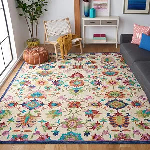 Aspen Collection Area Rug - 9' x 12', Ivory & Blue, Handmade Boho Floral Wool, Ideal for High Traffic Areas in Living