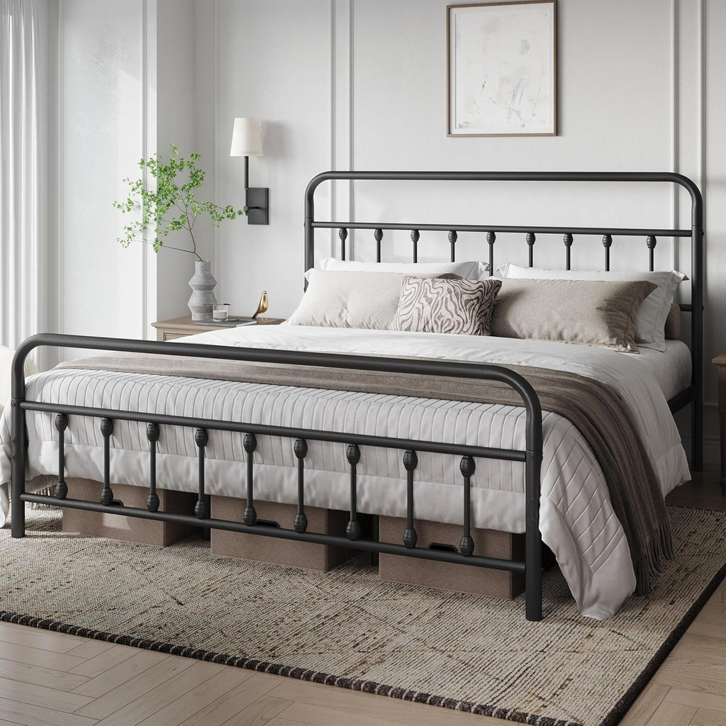 Classic Metal Platform Bed Frame Mattress Foundation with Victorian Style Iron-Art Headboard/Footboard/Under Bed