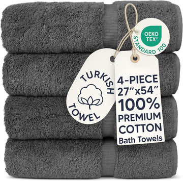 4 Piece Large Bath Towels, 100% Cotton Turkish Towels , Luxury Soft Absorbent Bath Towel Set, 27 x 54 Inches, Dark