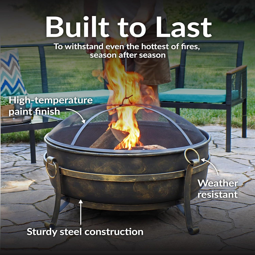 34-Inch Steel Large Fire Pit for Outside - Wood-Burning Fire Pit Bowl for Outdoors with Spark Screen, Log Poker
