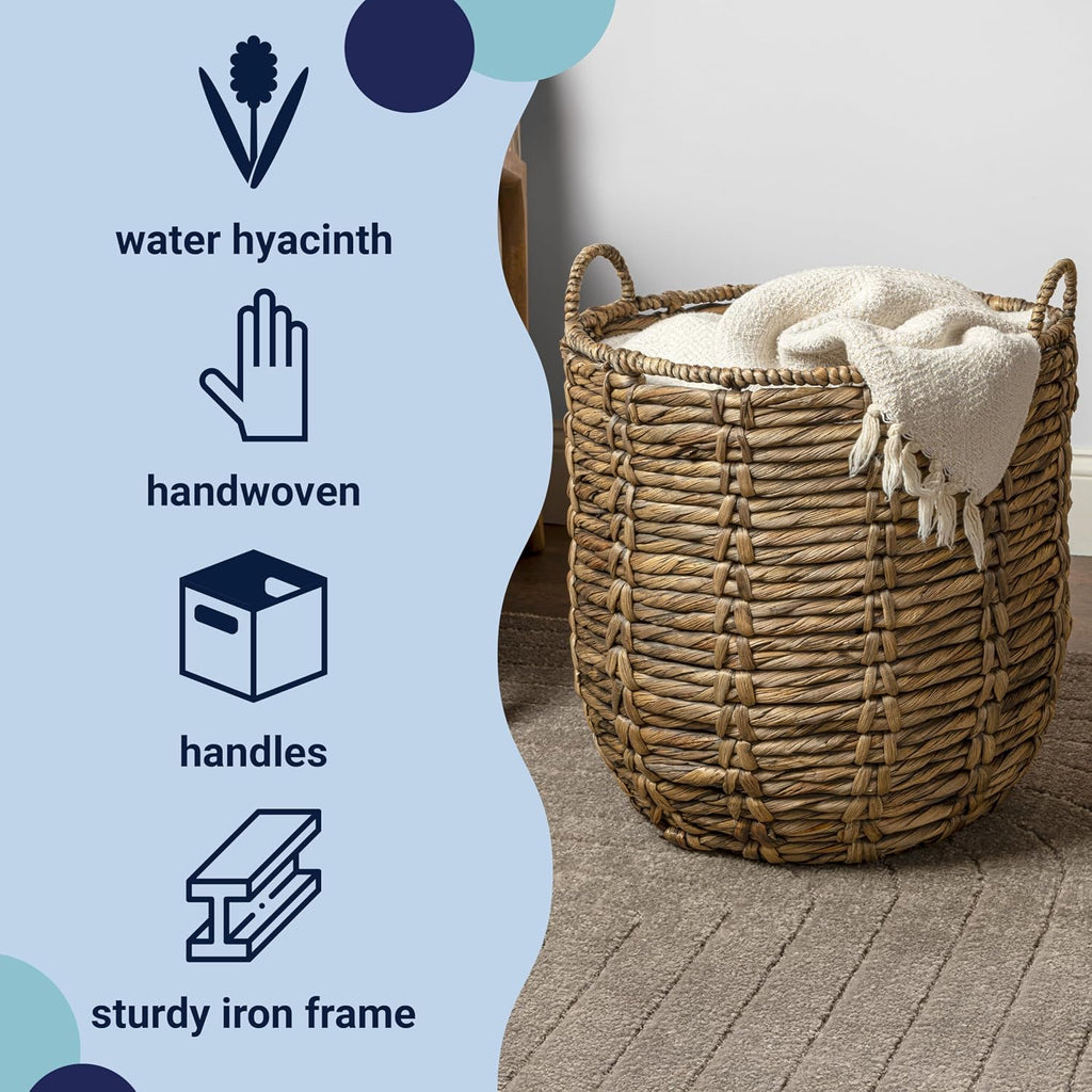 Laurel Hand-Woven Abaca Storage Basket 19", Brown | Wicker Seagrass Container with Handles for Decoration, Laundry