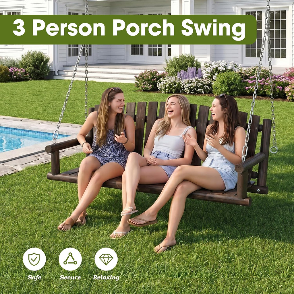 5FT Wooden Hanging Porch Swing, Outdoor 3 Person Patio Bench, Heavy Duty 900 LBS Swings Chair, 3-Seat Solid Fir Wood
