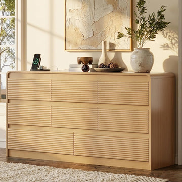 8 Drawer Dresser , 55.12" Chest of Drawers with Charging Station, Long Wood Dresser with Fluted Design & Curved