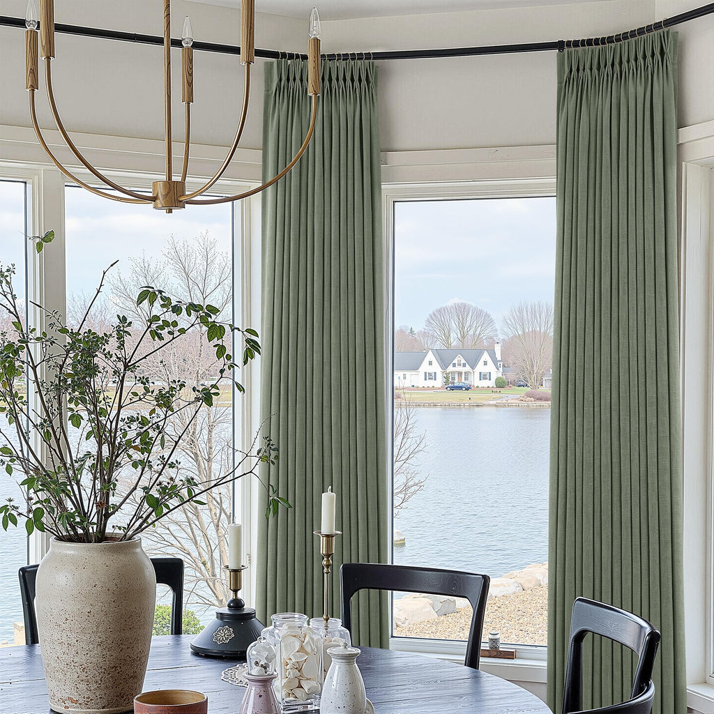 90 Inch Triple Pinch Pleated Linen Curtains 2 Panel Set Sage Green Linen Textured Drapes 90 Inches Long Pinch Pleat