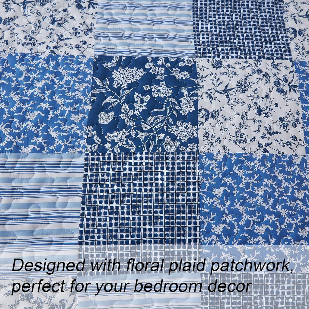 Boho Quilts Queen, Patchwork Floral Bedding Set, Blue - Set of 3