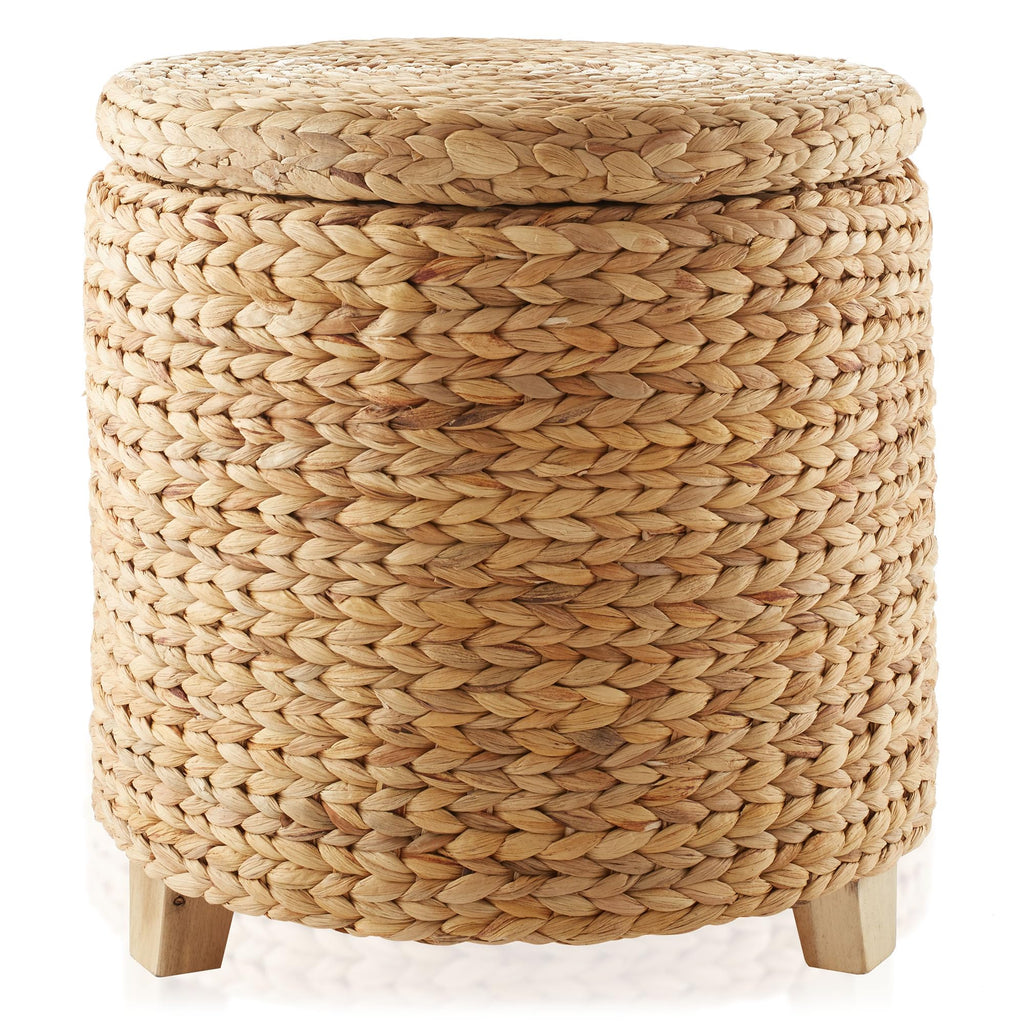 17" Round Storage Ottoman with Lid - Natural, Handwoven Water Hyacinth Footstool