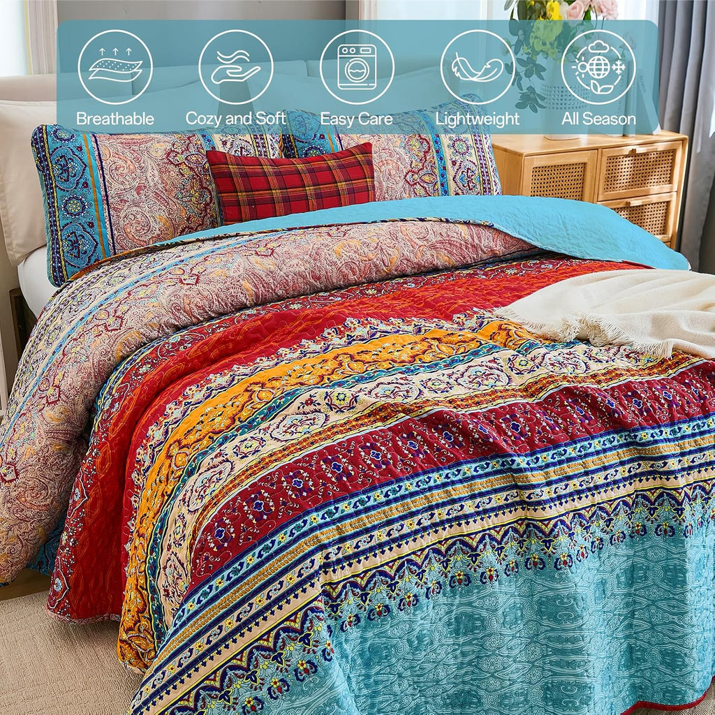 Bohemian Quilt Set, Boho Striped Pattern Quilts Bedspread Set for All Season, Soft Microfiber Bedding Coverlet