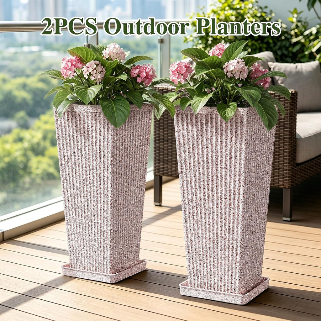 24" Tapered Tall Planters for Outdoor Plants with Tray&Shelf, Red | Resin PP Weather-Resistant Material, Stone&Fluted
