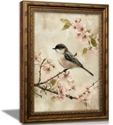 Vintage Gold Framed Wall Art, Bird on Cherry Blossom Branch Watercolor Print, Soft Neutral Floral Bird Decor, Ready
