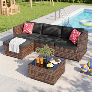 5-Piece Patio Furniture Set, Outdoor Couch, PE Rattan, Black | Patio Sectional Sofa with Plush Cushions and Glass