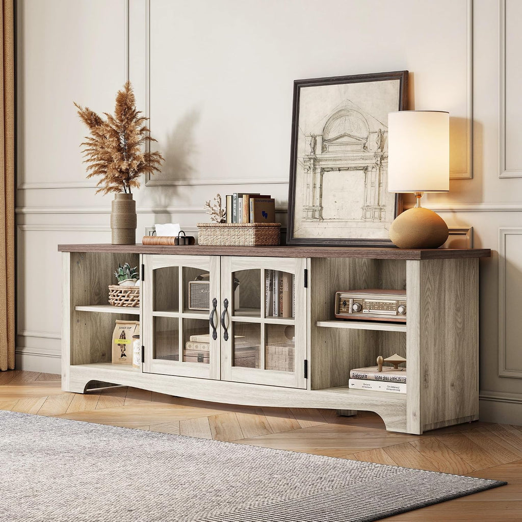 TV Stand for 75 Inch TV, Modern Farmhouse Entertainment Center with Storage Cabinets and Glass Doors, Tall Media