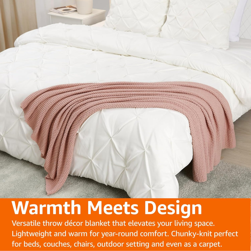 Chunky Cable Knit Throw Blanket, Lightweight Soft Cozy, 50" x 60", Dusty Rose