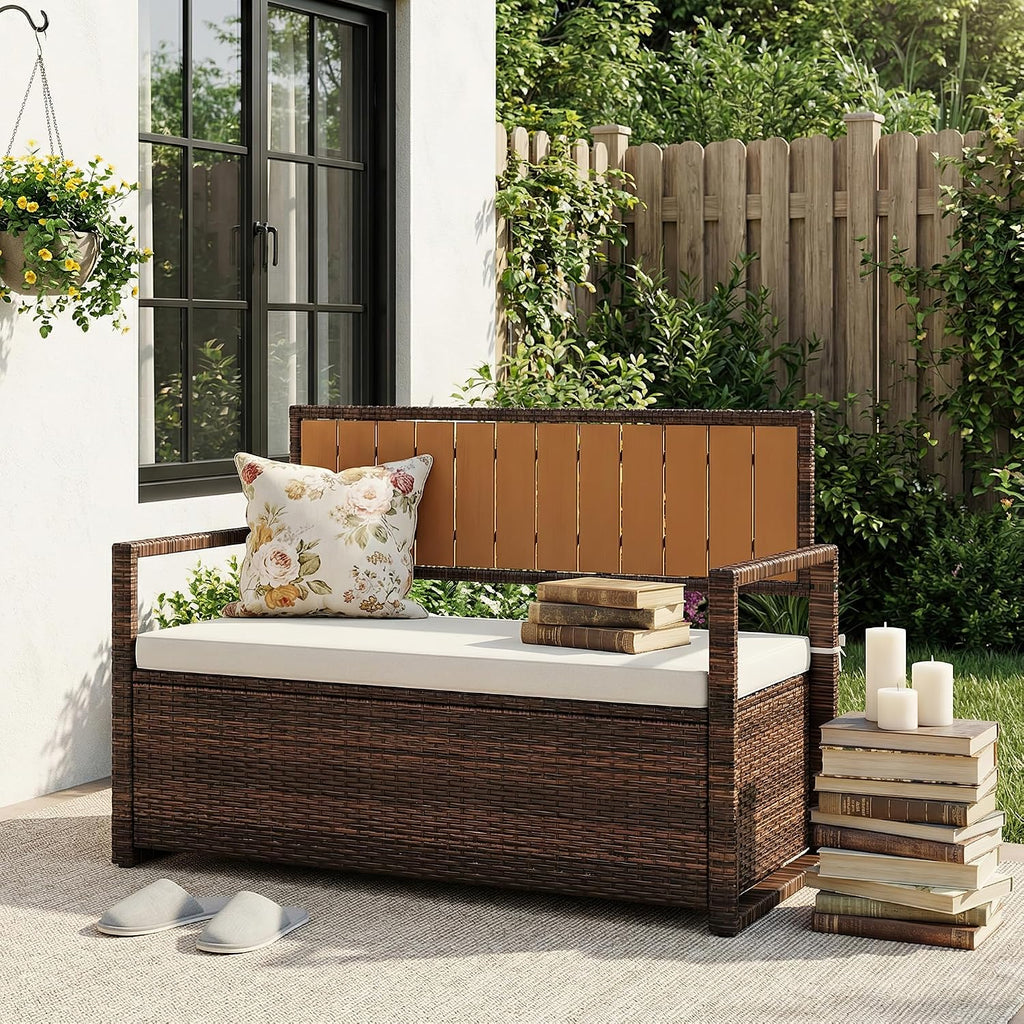 Outdoor Storage Bench with Cushion, 2-Seater PE Rattan Storage Box with Backrest & Armrests, 75 Gallon, 400 lbs
