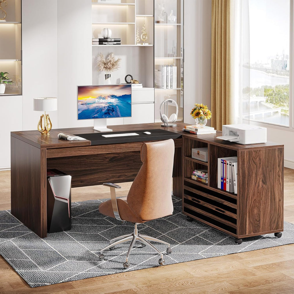 62.2" Executive Desk with Mobile File Cabinet, L-Shaped Office Desk with Storage Shelves