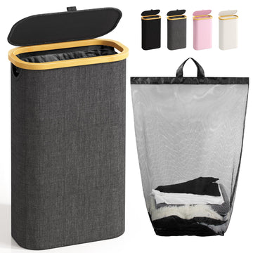 Slim Laundry Hamper with Lid, 75L Small Laundry Basket, Dark Grey