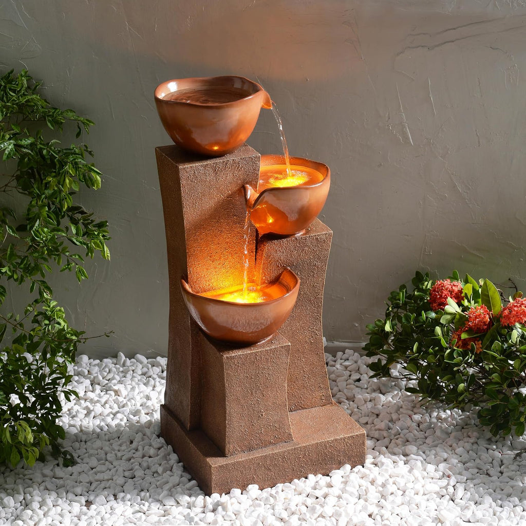 28.54 in. 3-Tier Cascading Outdoor Water Fountain with LED Lights for Gardens, Landscaping, Patios, Balconies, Lawns