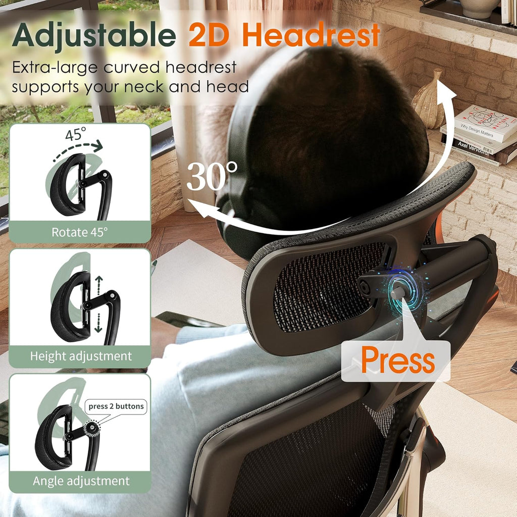 Ergonomic, High Back Home Desk Chair with Headrest, Flip-Up Arms, 90-120° Tilt Lock and Wide Cushion, Big and Tall