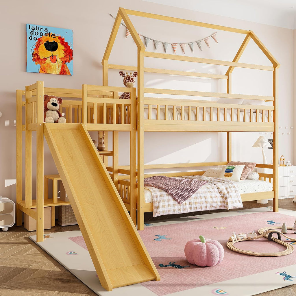 Twin over Twin Bunk Bed with Playhouse Design Roof, House Bunk Beds with Storage Stairs & Slide, Wood Bunkbed for Kids