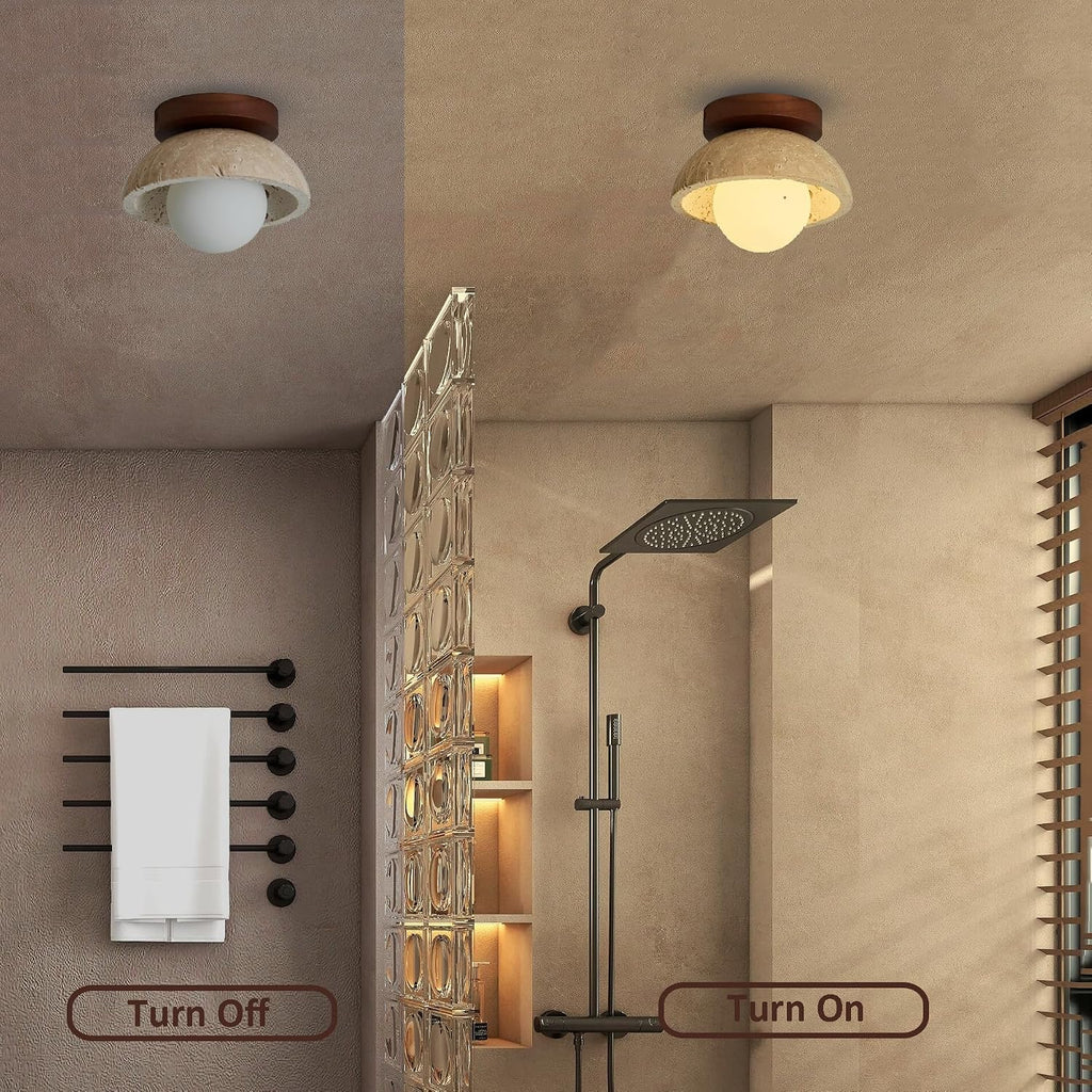 Mid Century Modern Hallway Ceiling Light White Milk Shade Small Marble Natural Stone Ceiling Light Wood Vintage