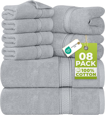 8 Piece Majestic Plush Luxury Towel Set, Cotton, Cool Grey | Majestic Plush 100% Ring Spun Cotton Towels - Super