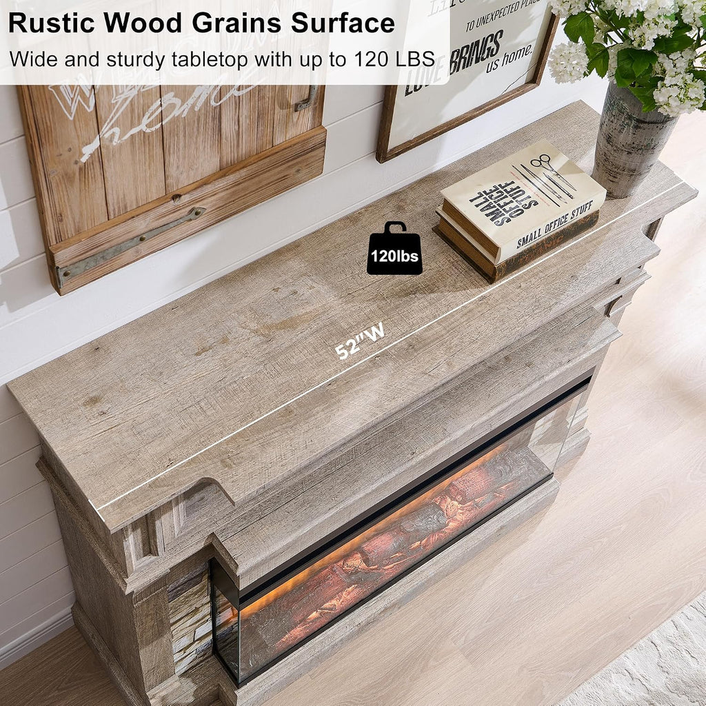 52" Electric Fireplace with Mantel, Freestanding Fireplace Heater TV Stand with 36" 3-Side Glass Insert for TVs Up to 65" with Storage Cabinet for Living Room, Light Rustic Oak