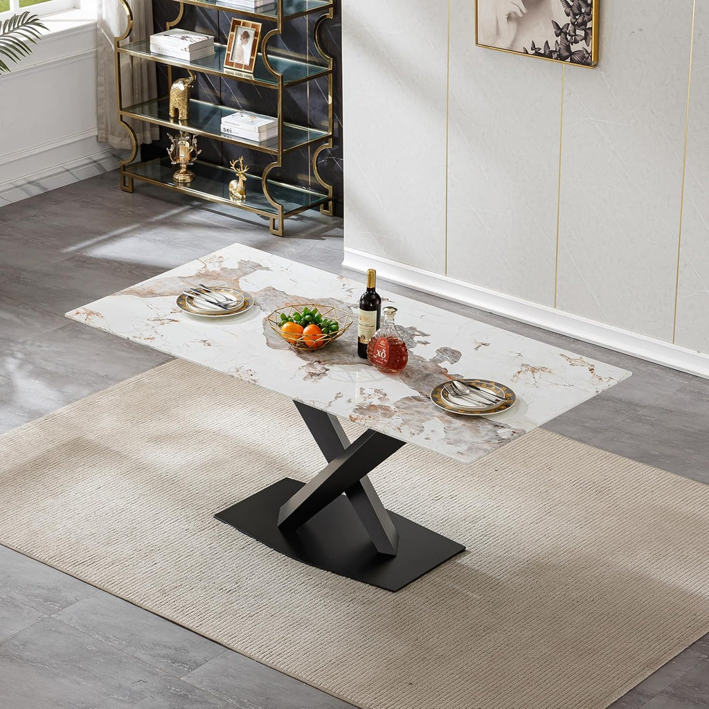 Modern Marble Dining Table, 70" White Kitchen Dining Room Table for 4 6 8 with 0.4" Thick Faux Marble Tabletop and Black Carbon Steel Pedestal,Luxurious Rectangle Large Dinner Table for Dining Room